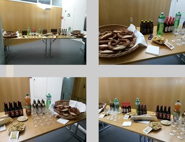 Apérotisch mit verschiedenen Bieren, Tschipps und Laugenbrezn